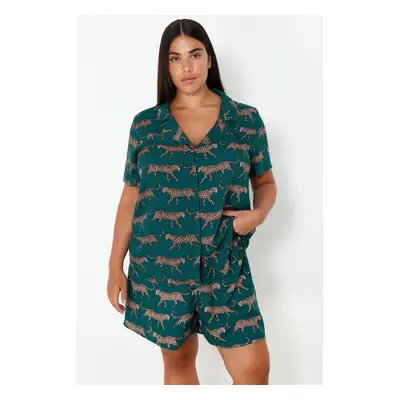 Trendyol Curve Emerald Green Patterned Shirt Collar Woven Pajama Set