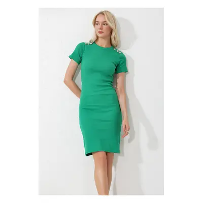 Trend Alaçatı Stili Women's Green Crew Neck Button Detailed Camisole Dress