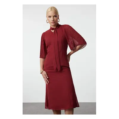 Trendyol Burgundy Pleated Sleeve Tied Collar A-Line Lined Midi Chiffon Woven Winter Dress