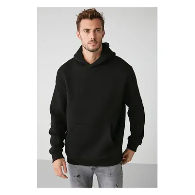 GRIMELANGE Draco Men's Soft Fabric Knitted Thread Oversize Hooded Black Sweatshirt with Kangaroo