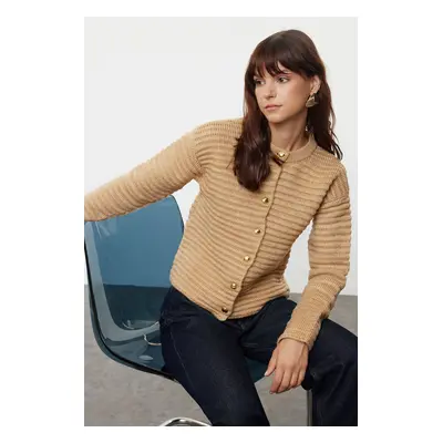 Trendyol Camel Textured Crew Neck Jacket-Looking Knitwear Cardigan