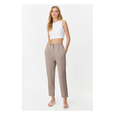 Trendyol Beige Carrot High Waist Polyviscose Woven Fabric Trousers