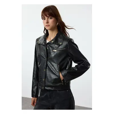 Trendyol Black Regular Fit Animal Patterned Faux Leather Jacket Coat