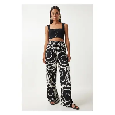 Happiness İstanbul Women's Black Light Cream Patterned Loose Viscose Palazzo Trousers