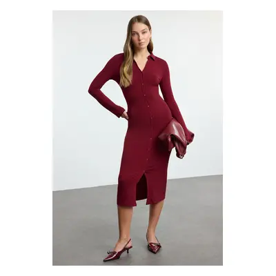 Trendyol Claret Red Plain Maxi Polo Neck Fitted/Fits the Body Plain Maxi Flexible Knit Dress