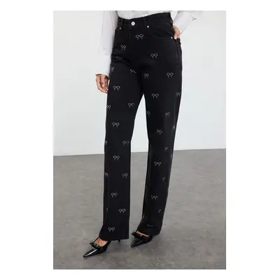 Trendyol Black Bow/Ribbon Detailed Stoned High Waist Wide Leg Jeans