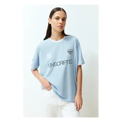 Trendyol Blue Oversize Slogan Printed Knitted T-Shirt