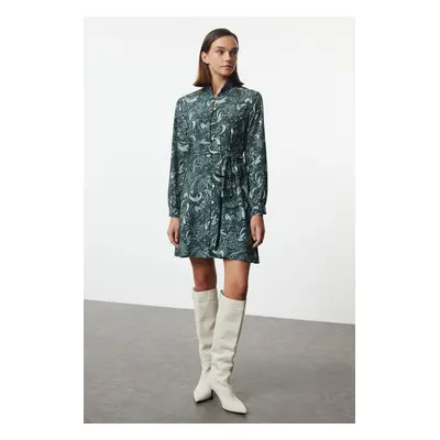 Trendyol Green Belted Shawl Pattern Lined Mini Woven Shirt Dress