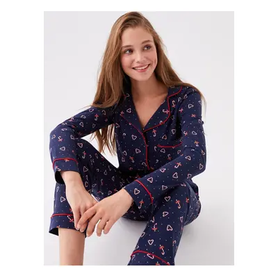 LC Waikiki Women's Shirt Collar Christmas Themed Long Sleeve Pajamas Set