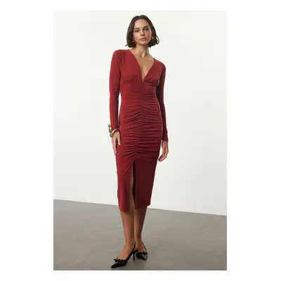 Trendyol Tile Plain Gathered Midi Draped V Neck Fitted/Fits Body Elastic Midi Knit Dress