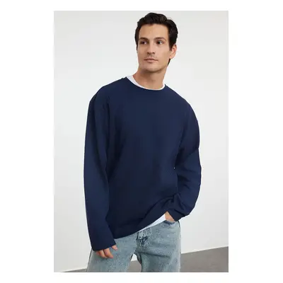 Trendyol Navy Blue Oversize/Wide Cut Stitch Detail Textured Crew Neck T-Shirt