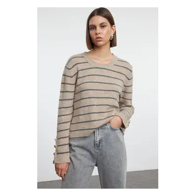 Trendyol Beige Soft Texture Basic Striped Knitwear Sweater