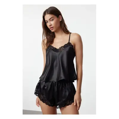 Trendyol Black Lace Rope Strap Satin Woven Pajama Set