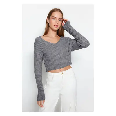 Trendyol Anthracite Crop Basic V-Neck Knitwear Sweater