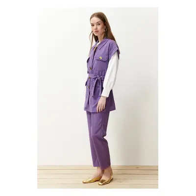 Trendyol Purple Gold Buttoned Vest-Pants Knitted Suit