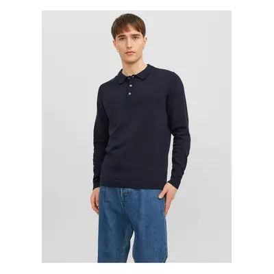 Jack & Jones Tmavě modré pánské úpletové polo tričko s dlouhým rukávem Jack & J - Pánské