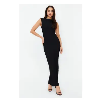 Trendyol Black Textured Fabric Fitted Moon Sleeve Knitted Stretchy Midi Pencil Dress