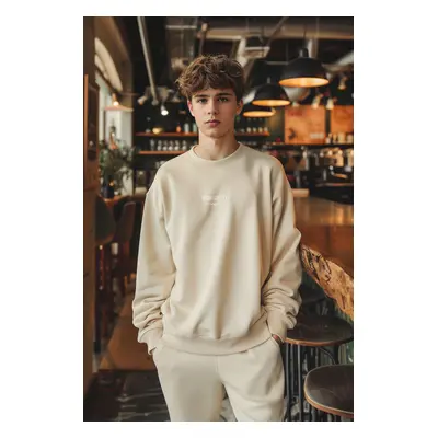 Trendyol Beige Oversize/Wide Cut Embossed Text Printed Sweatshirt