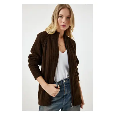 Happiness İstanbul Women's Brown Zippered Knitwear Cardigan