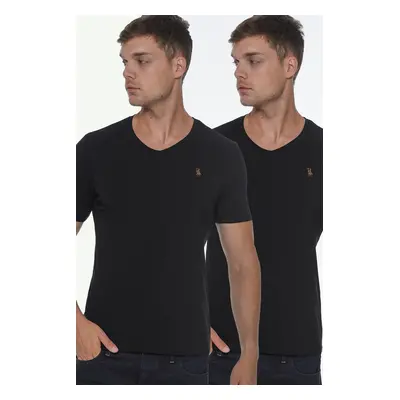 DOUBLE SET T8568 DEWBERRY V-NECK MEN'S T-SHIRT-BLACK-BLACK