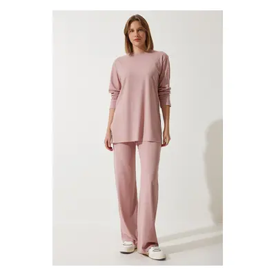 Happiness İstanbul Women's Powder Ribbed Knitted Blouse With Trousers Suit