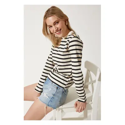 Happiness İstanbul Woman's Black Cream Gold Button Detailed Striped Knitted Blouse