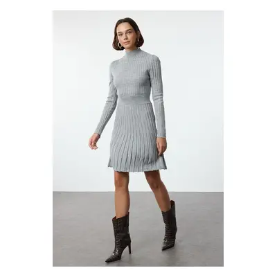 Trendyol Gray Mini Knitwear Frilled Stand Collar Dress