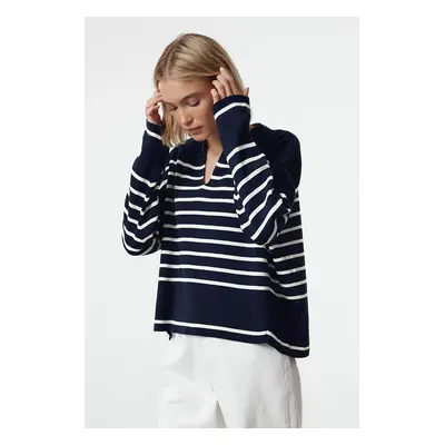 Trendyol Navy Blue Wide Neck Detailed Striped Knitwear Sweater