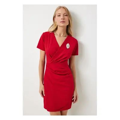 Happiness İstanbul Women's Red Brooch Wrap Collar Mini Woven Dress