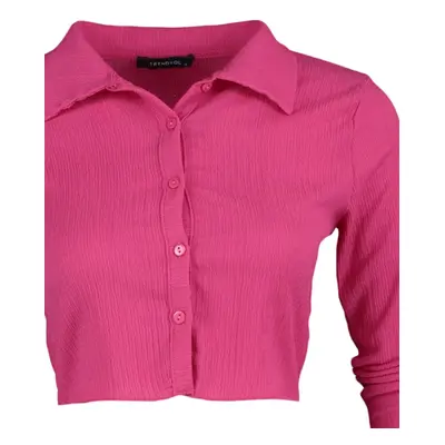 Trendyol Fuchsia Buttoned Fitted Polo Neck Wrap/Textured Crop Knitted Blouse