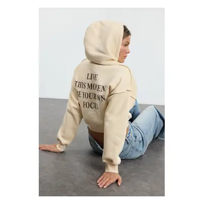 Trendyol Stone Slogan Printed Oversize Crop Thick Inside Fleece Knitted Sweatshirt