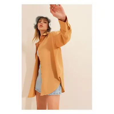 Trend Alaçatı Stili Women's Camel Oversize Long Woven Shirt