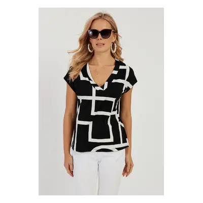 Cool & Sexy Women's Black V-Neck Patterned Blouse