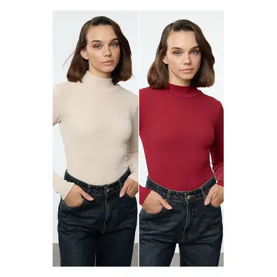 Trendyol Claret Red-Beige Pack Corduroy Stand Collar Fitted Long Sleeve Flexible Knitted Blouse