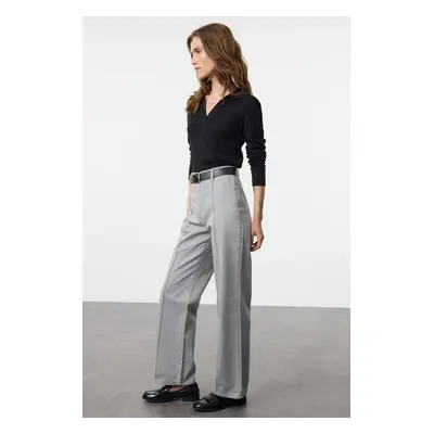 Trendyol Grey Stitch Detailed High Waist Wide Leg Trousers