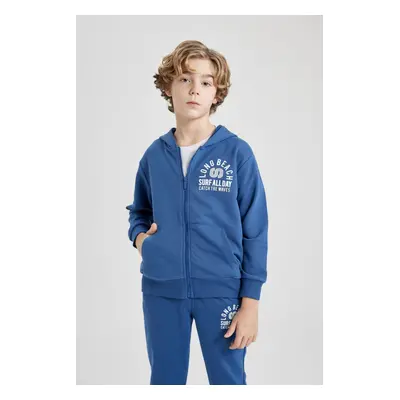 DEFACTO Boy's Hooded Printed Zippered Basic Sweatshirt