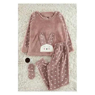 Trendyol Beige 3-Piece Heart Sleep Banded Fleece Winter Knitted Pajamas Set