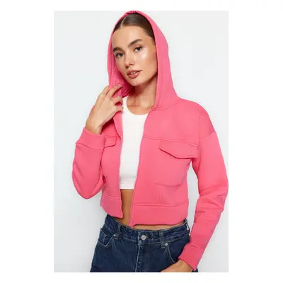 Trendyol Pink Comfortable Cut Crop Pocket Detailed Hooded Thick Inside Fleece Knitted Sweatshirt