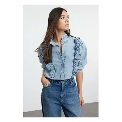 Trendyol Blue Flounce Regular Denim Shirt