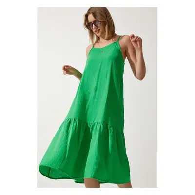 Happiness İstanbul Women's Green Strappy Summer Loose Muslin Dress