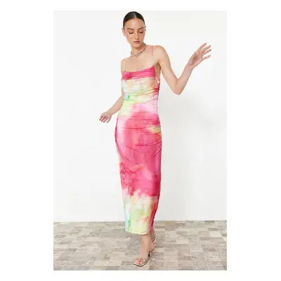 Trendyol Limited Edition Pink Printed Midi Adjustable Strap Stretch Knit Pencil Dress