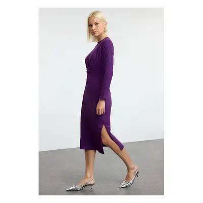 Trendyol Purple 100% Cotton Tie Detailed Body-Fitting Midi Knit Dress