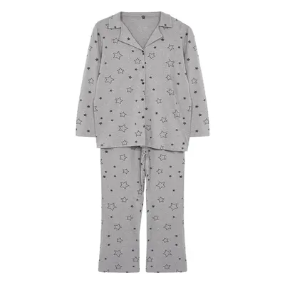 Trendyol Curve Gray Melange Star Patterned Shirt Collar Knitted Pajama Set