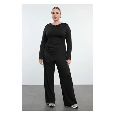 Trendyol Curve Black Premium Boat Neck Knit Plus Size Bottom Top Set