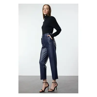 Trendyol Navy Blue Carrot Woven Front Buttoned Faux Leather Trousers