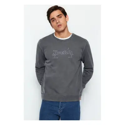 Trendyol Anthracite Oversize/Wide Cut Crew Neck Text Embroidered Faded Effect Sweatshirt