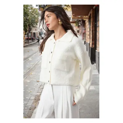 Trendyol Bone Boucle Polo Neck Coat Look Knitwear Cardigan