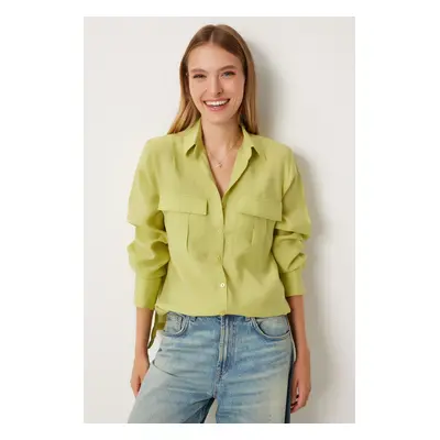 Happiness İstanbul Women's Oil Green Wide Pocket Tencel Shirt