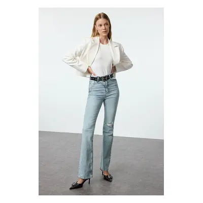 Trendyol Blue Ripped Detail High Waist Flare Jeans