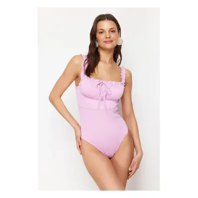 Trendyol Pink Square Collar Ruffled High Leg Regular Swimsuit